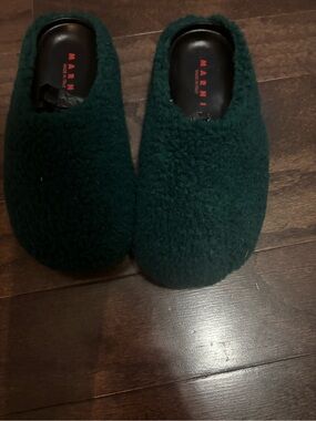 Marni Dark Green Plush Slip-On Mules